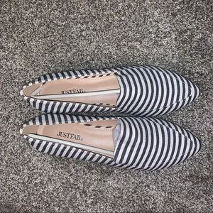 JustFab white and blue striped flats.